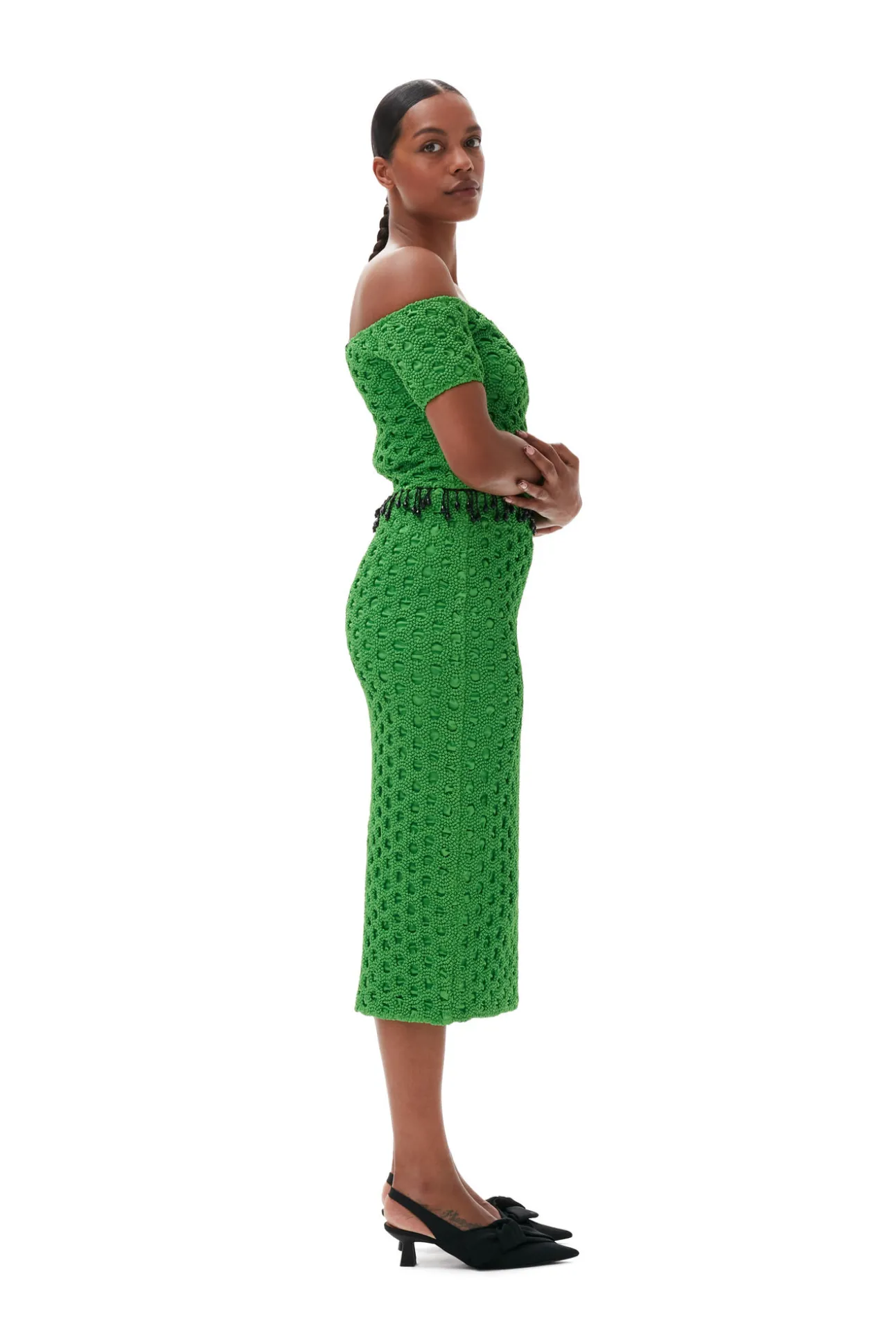 Best GANNI Gesmoktes Schulterfreies Satin-Top Classic Green