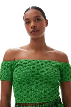 Best GANNI Gesmoktes Schulterfreies Satin-Top Classic Green