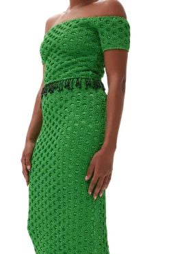 Best GANNI Gesmoktes Schulterfreies Satin-Top Classic Green