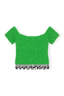 Best GANNI Gesmoktes Schulterfreies Satin-Top Classic Green