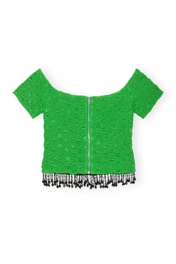 Best GANNI Gesmoktes Schulterfreies Satin-Top Classic Green