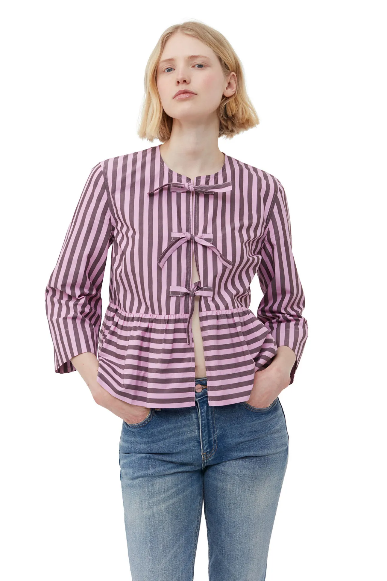 Discount GANNI Gestreifte Peplum-Bluse Aus Cotton Bonbon