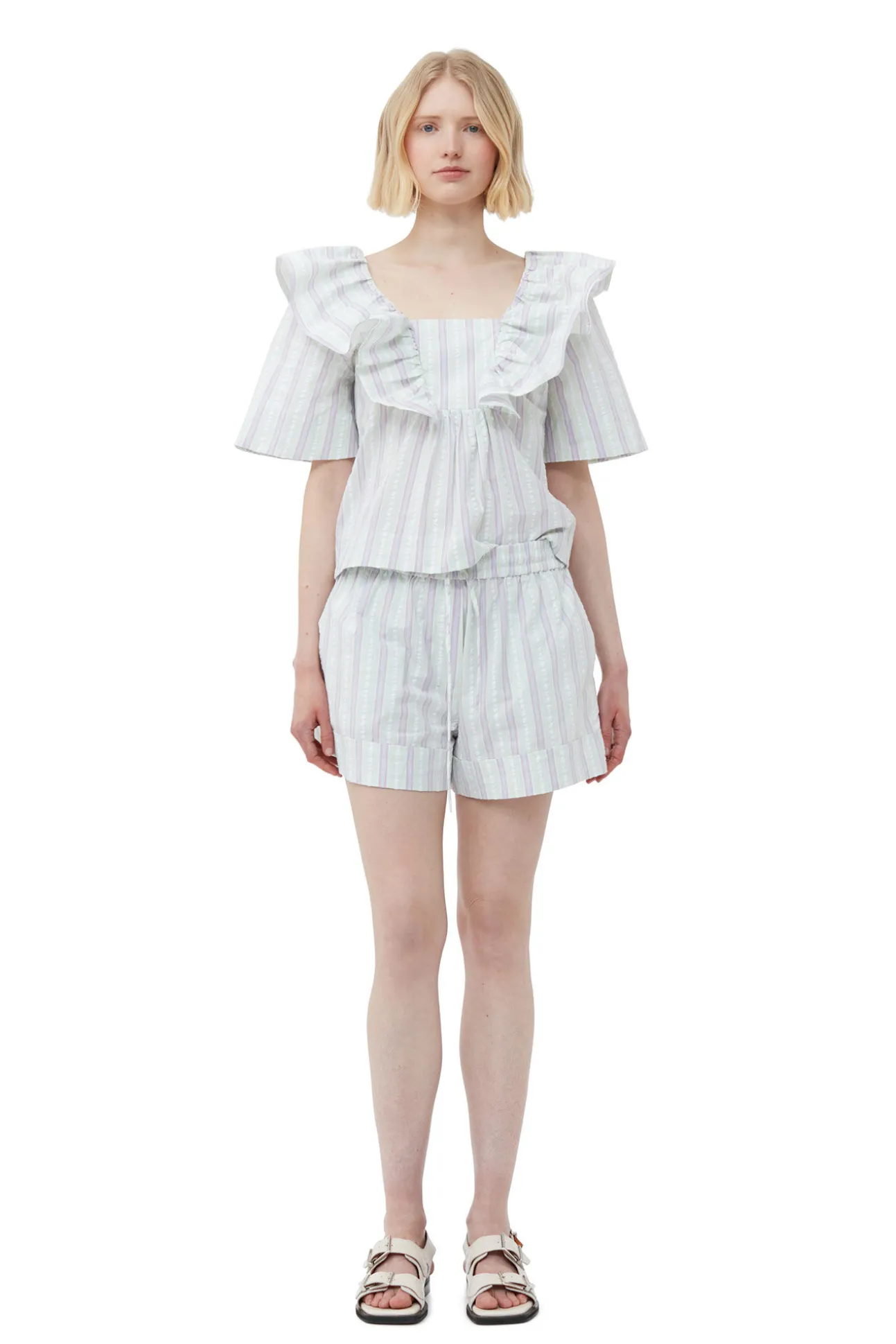 Clearance GANNI Gestreifte Seersucker-Ruschenbluse Mauve Chalk