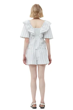Clearance GANNI Gestreifte Seersucker-Ruschenbluse Mauve Chalk