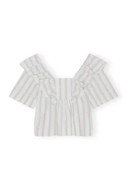 Clearance GANNI Gestreifte Seersucker-Ruschenbluse Mauve Chalk