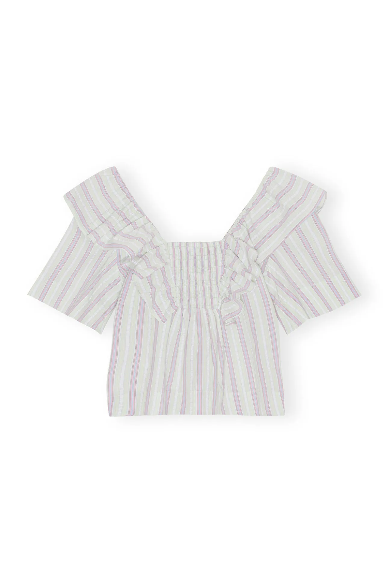 Clearance GANNI Gestreifte Seersucker-Ruschenbluse Mauve Chalk