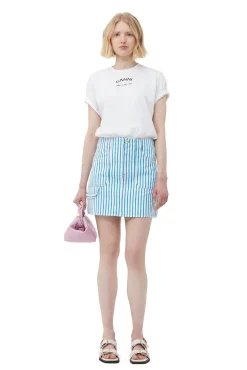 New GANNI Gestreifter Denim-Minirock Bright White
