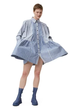 Best Sale GANNI Gestreiftes Mini-Hemdkleid Gray Blue