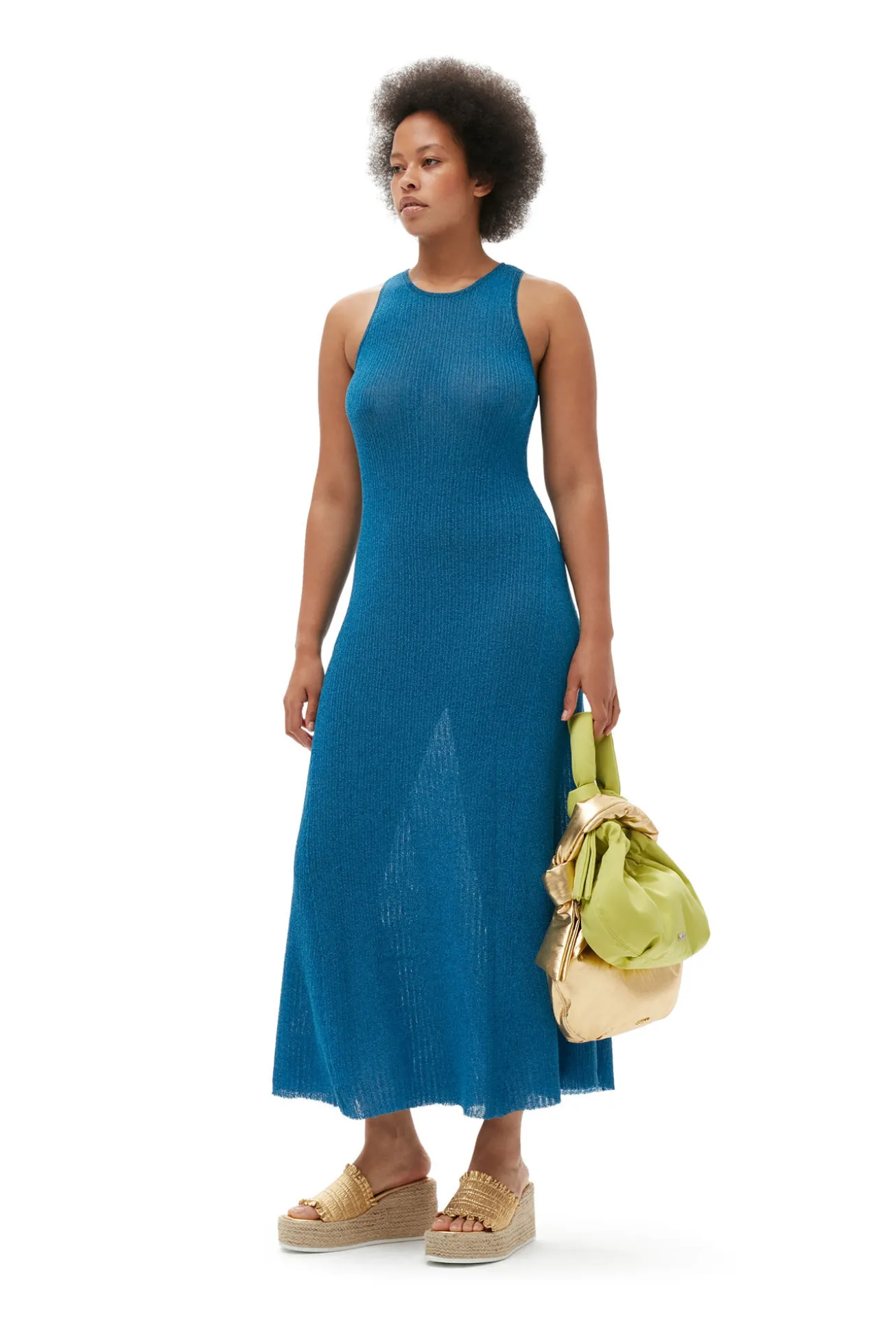 Hot GANNI Glitzerndes Rippkleid Mit Offenem Rucken Brilliant Blue