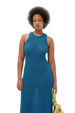 Hot GANNI Glitzerndes Rippkleid Mit Offenem Rucken Brilliant Blue