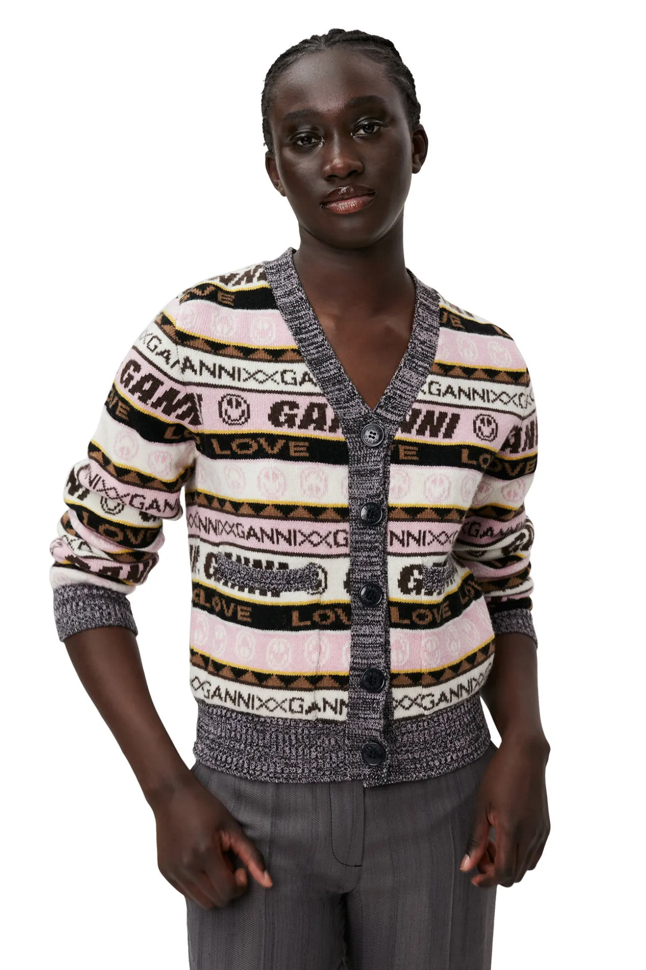 Fashion GANNI Grafik-Strickjacke Petrified Oak