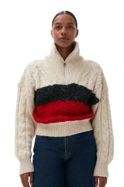 Flash Sale GANNI Größe Strickbluse Mit Zopfmuster Und Reisverschluss Black Melange