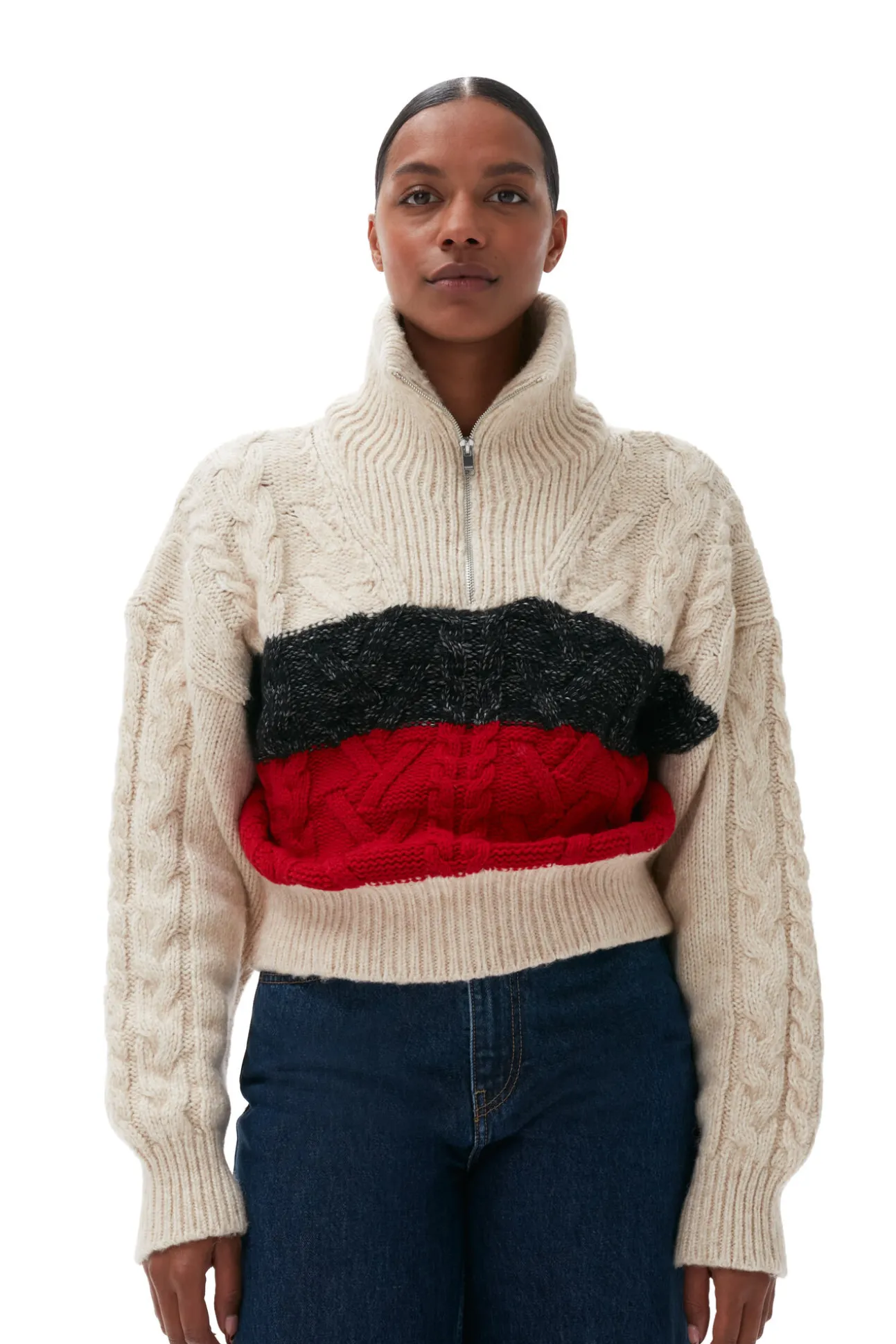 Flash Sale GANNI Größe Strickbluse Mit Zopfmuster Und Reisverschluss Black Melange