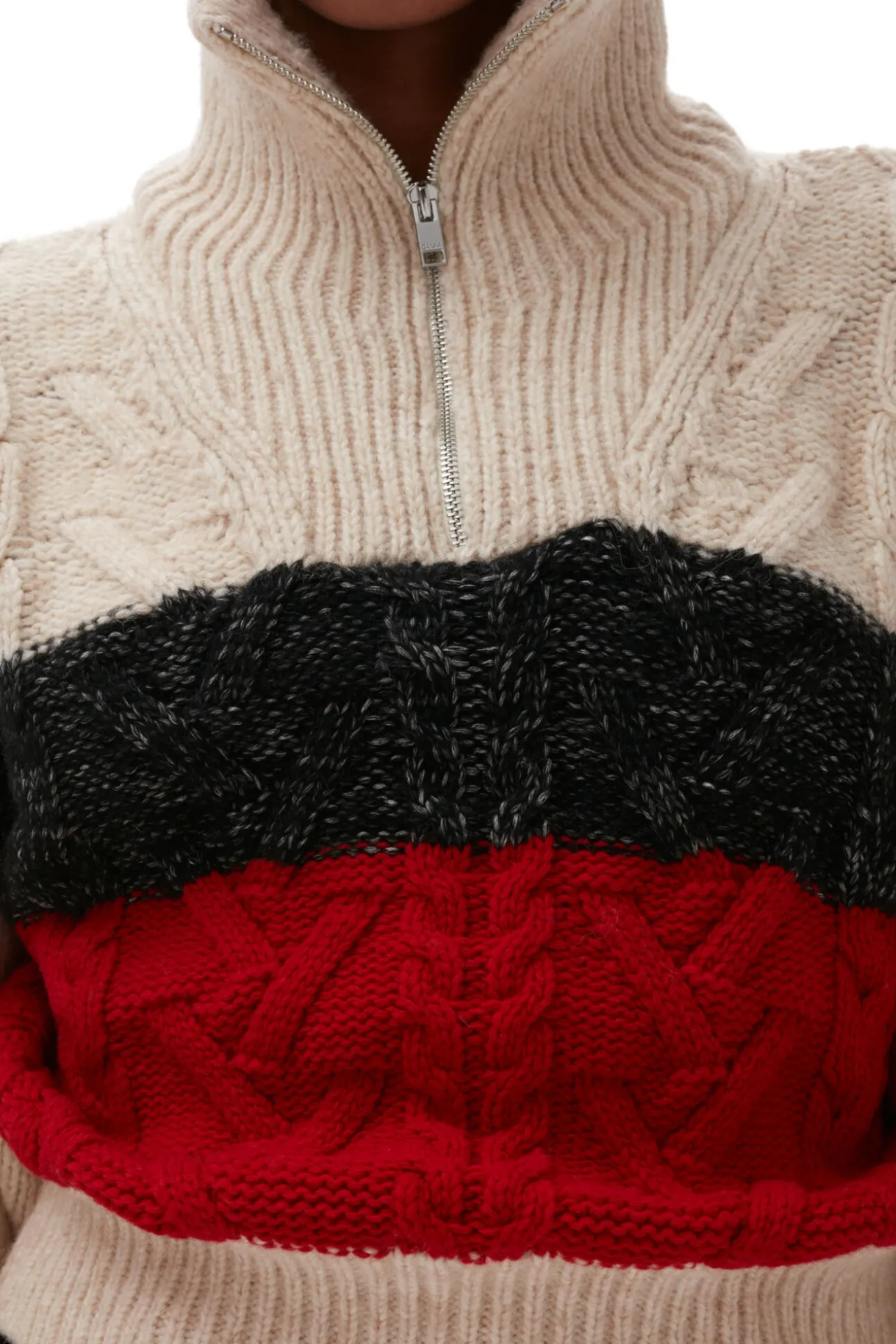 Flash Sale GANNI Größe Strickbluse Mit Zopfmuster Und Reisverschluss Black Melange