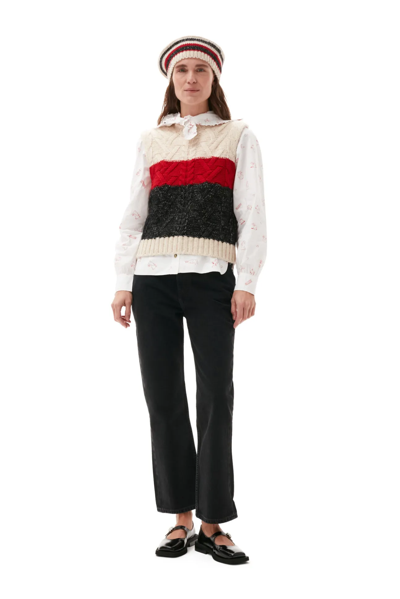 New GANNI Größe Weste Mit Zopfstrickmuster Black Melange