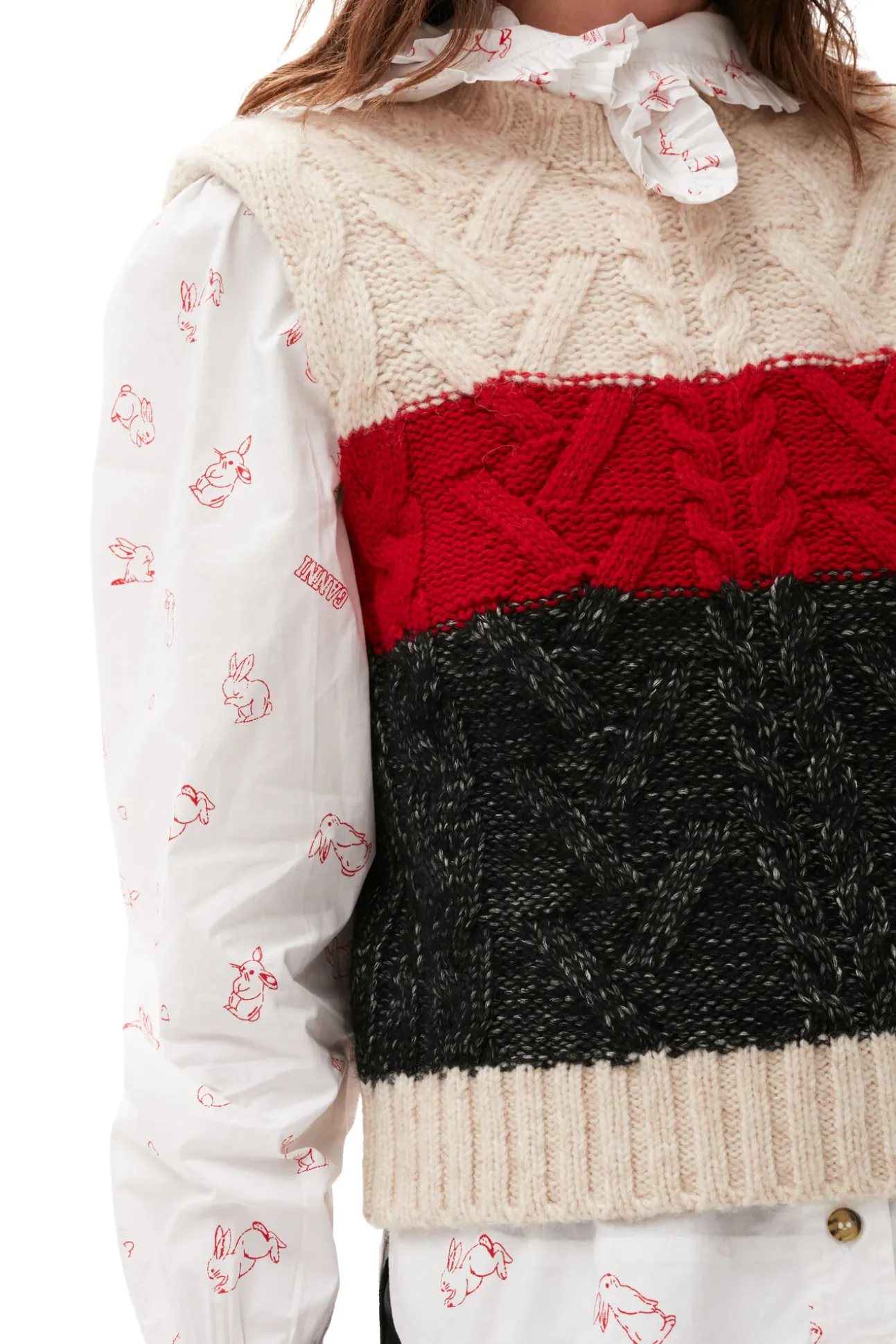New GANNI Größe Weste Mit Zopfstrickmuster Black Melange