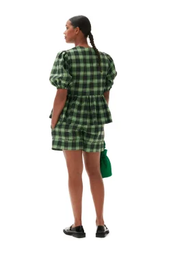 Discount GANNI Grun Karierte Seersucker-Shorts Peapod