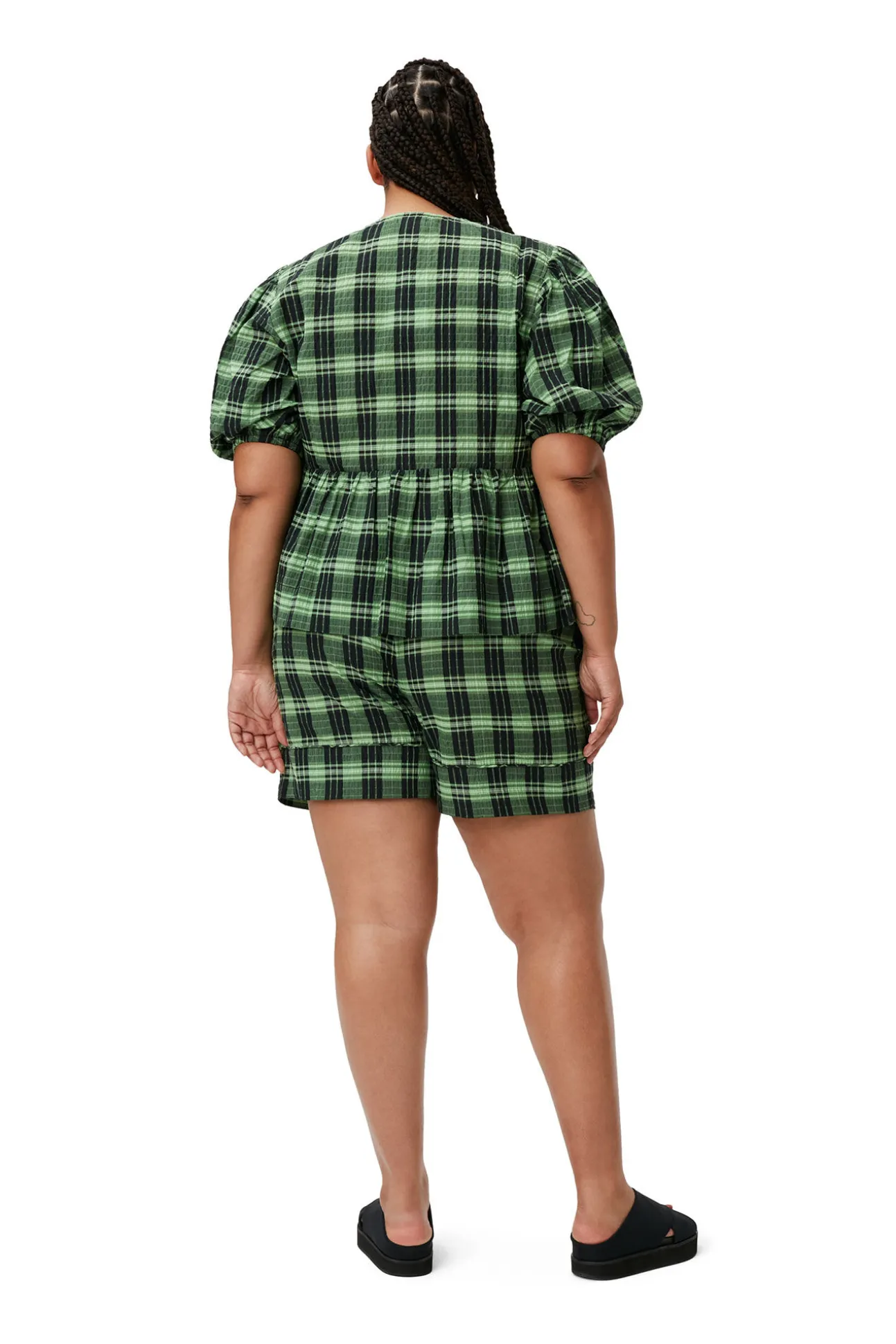 Discount GANNI Grun Karierte Seersucker-Shorts Peapod