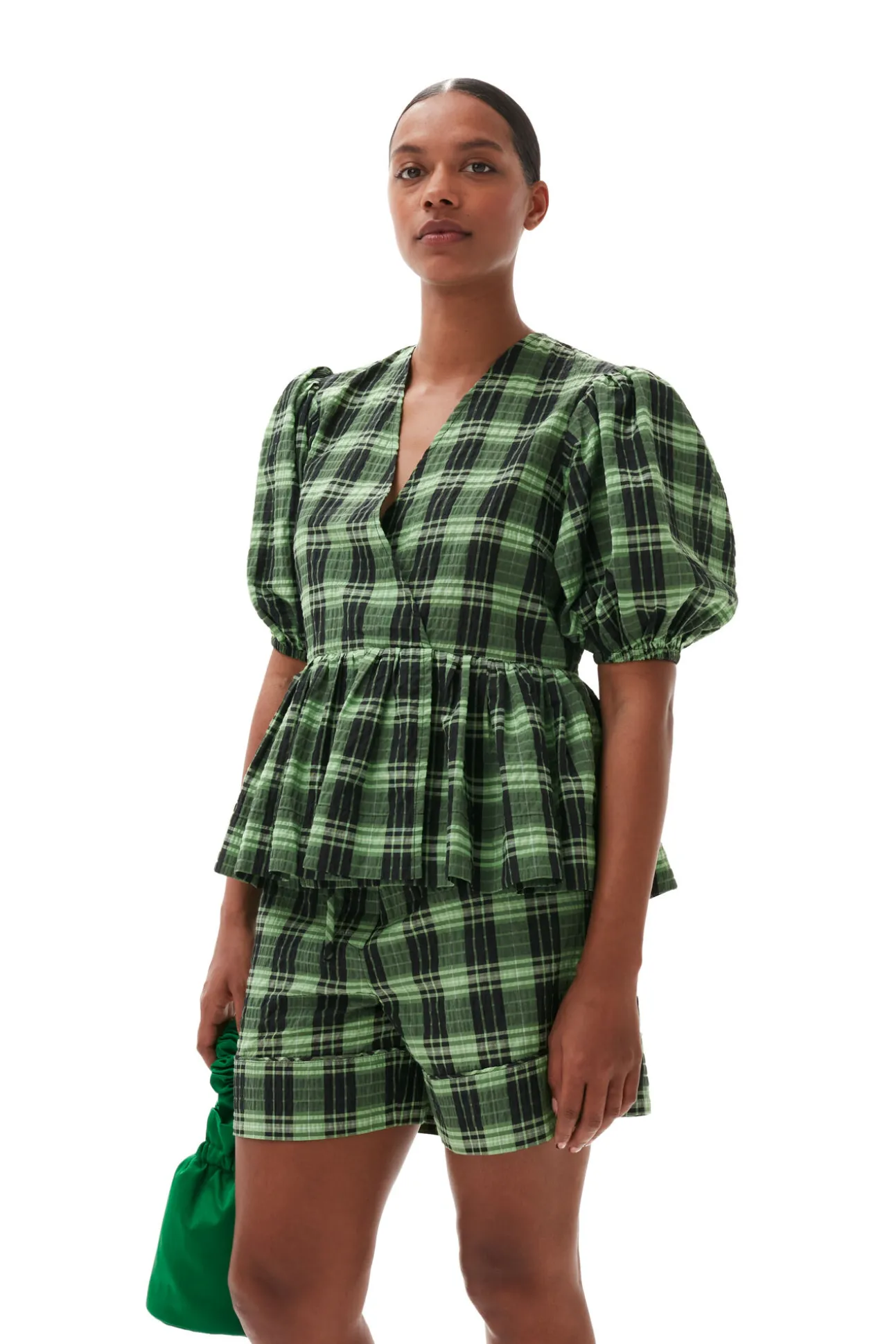 Clearance GANNI Grun Karierte Seersucker-Wickelbluse Peapod