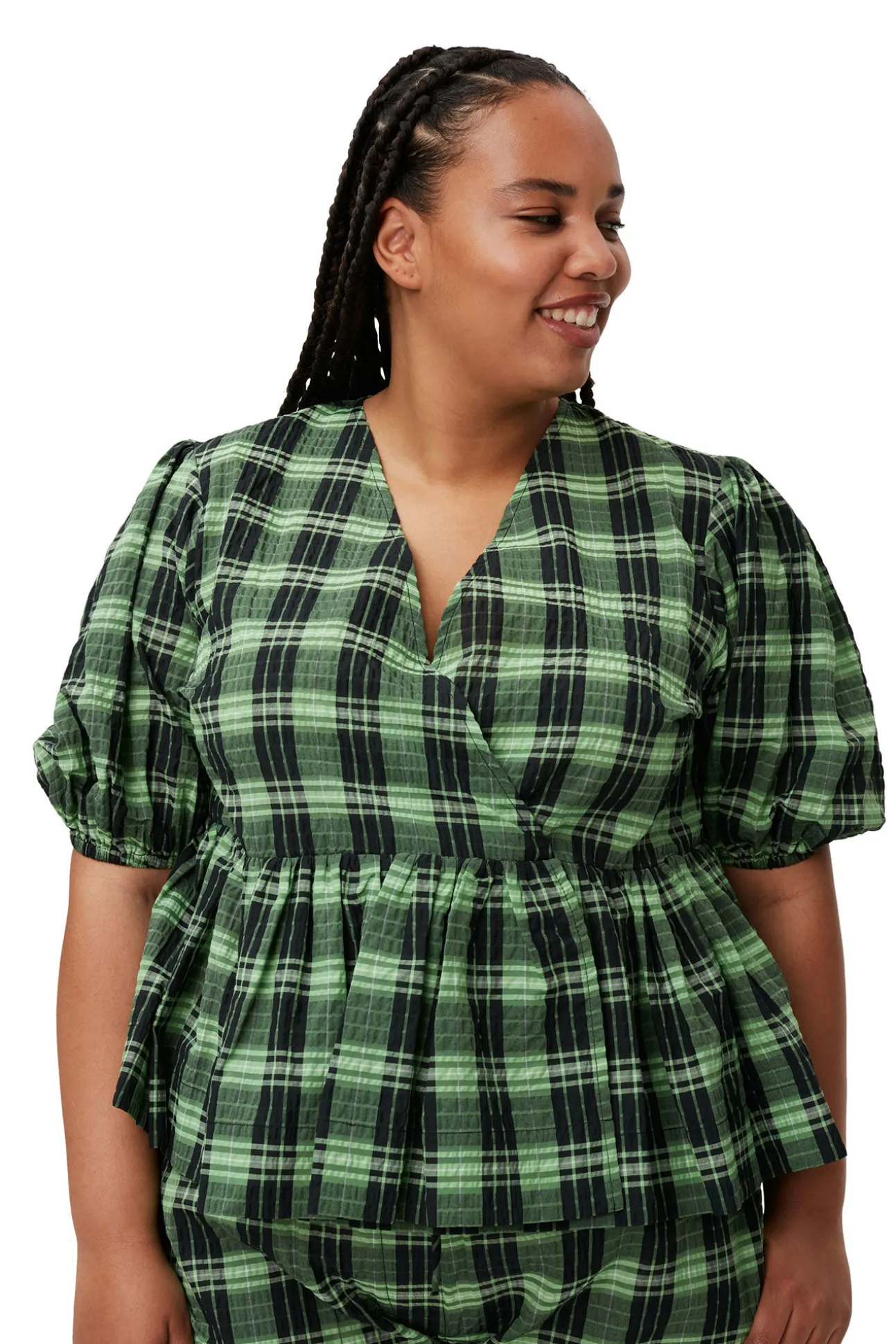Clearance GANNI Grun Karierte Seersucker-Wickelbluse Peapod