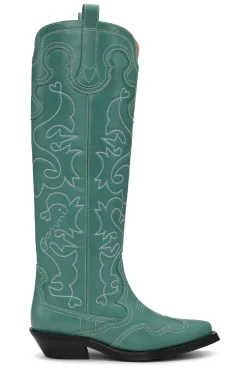 Best Sale GANNI Grune Kniehohe Bestickte Westernstiefel Bottle Green