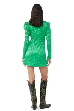 Discount GANNI Grunes Minikleid Mit V-Ausschnitt Aus Geknittertem Satin Bright Green