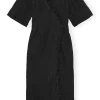 New GANNI Jacquard Organza Bead Fringe Wrap Dress Black