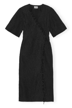 New GANNI Jacquard Organza Bead Fringe Wrap Dress Black