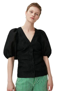 Shop GANNI Jacquard-Bluse Mit V-Ausschnitt Black