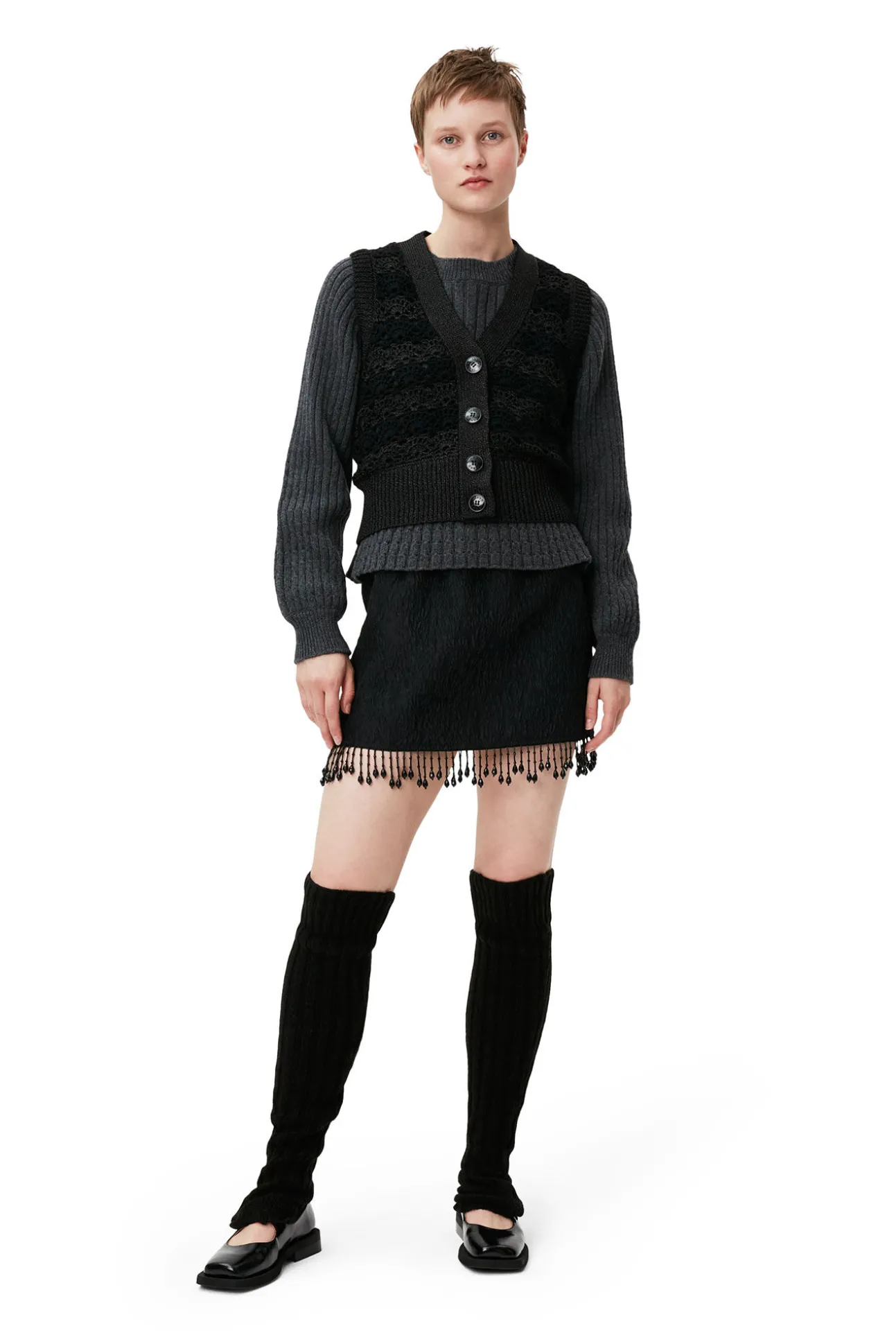 Fashion GANNI Jacquard-Organza-Minirock Mit Perlenfransen Black