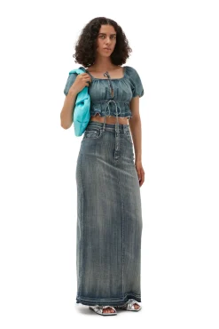 Best GANNI Jeansoberteil Mit Puffarmeln Und Gefarbten Saumen Tint Wash