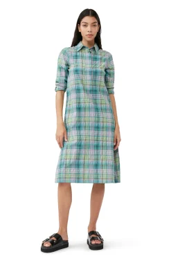 Store GANNI Kariertes Seersucker-Hemdkleid Lagoon