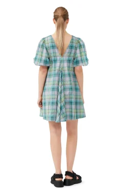 Clearance GANNI Kariertes Seersucker-Minikleid Mit V-Ausschnitt Lagoon