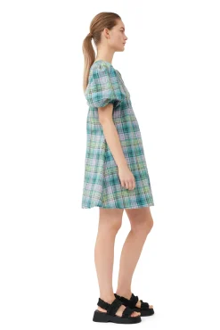 Clearance GANNI Kariertes Seersucker-Minikleid Mit V-Ausschnitt Lagoon