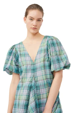 Clearance GANNI Kariertes Seersucker-Minikleid Mit V-Ausschnitt Lagoon