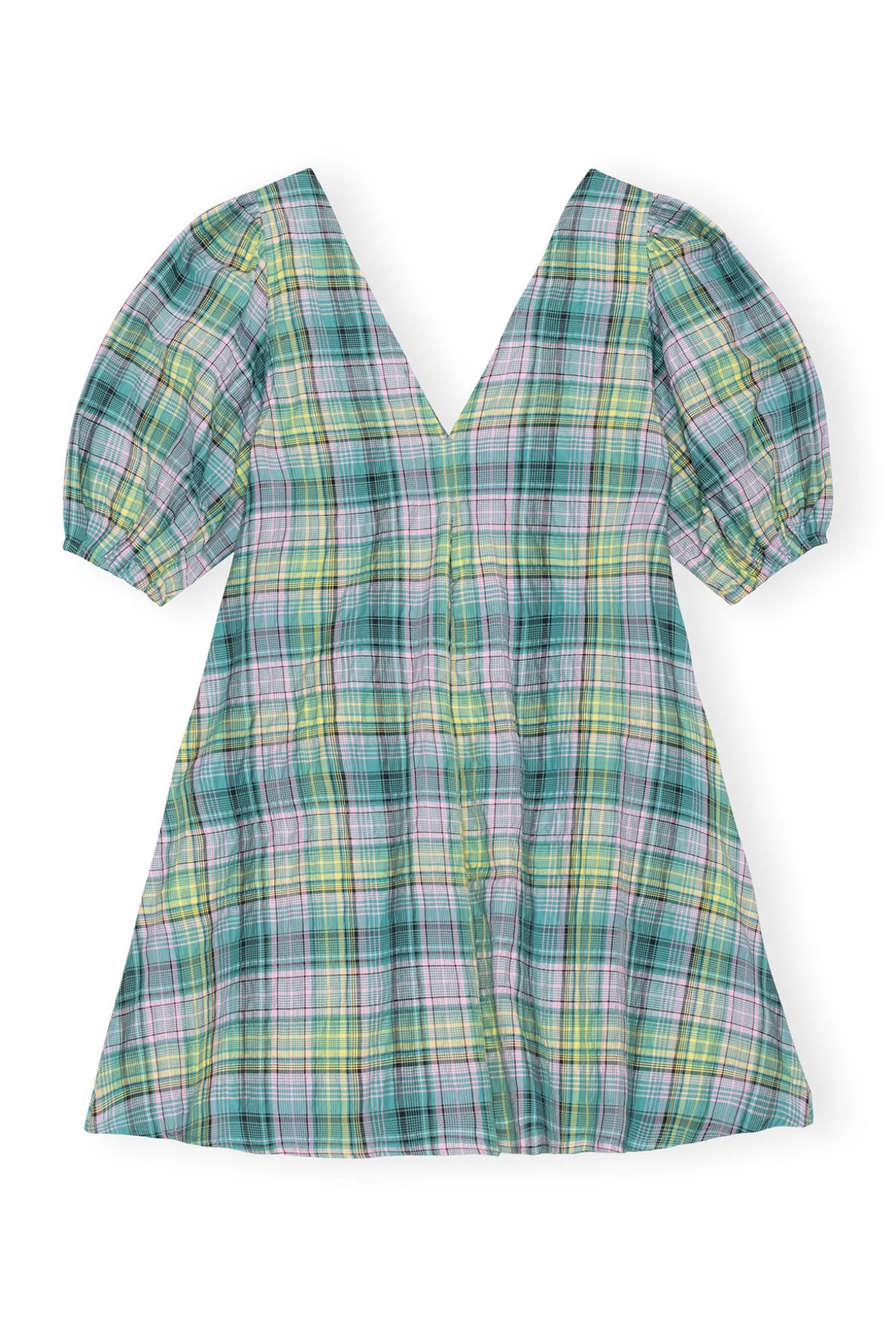 Clearance GANNI Kariertes Seersucker-Minikleid Mit V-Ausschnitt Lagoon