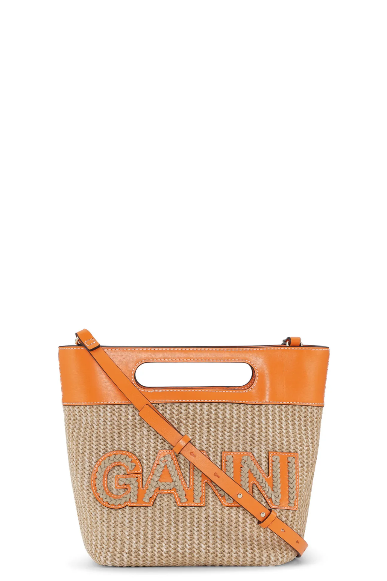 New GANNI Kleine Tragetasche Mit Raffia Kraft Vibrant Orange