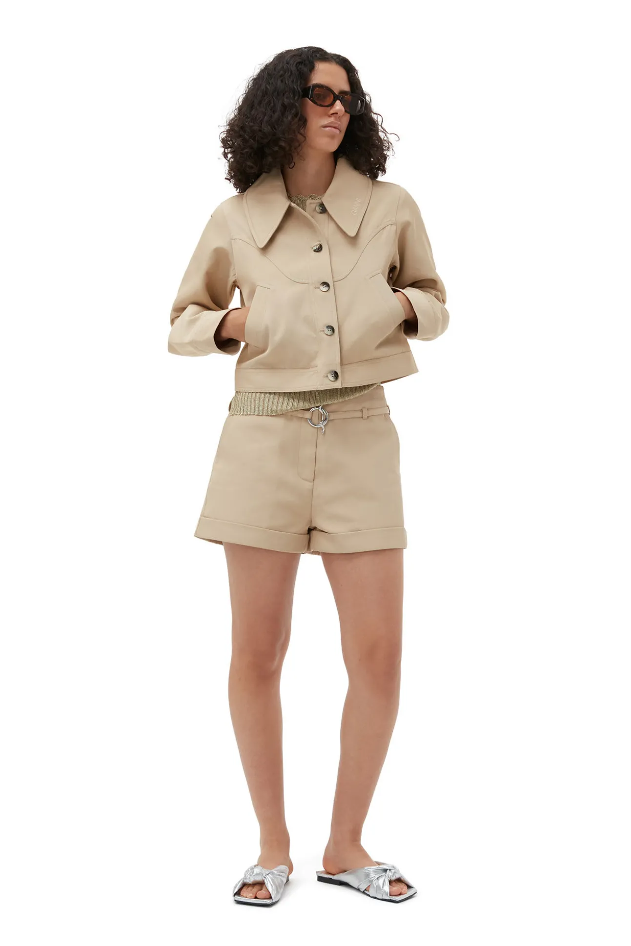 Shop GANNI Kurze Jacke Aus Heavy Twill Pale Khaki