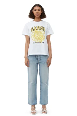 Hot GANNI Lassiges Gelbes Blumen-T-Shirt Bright White