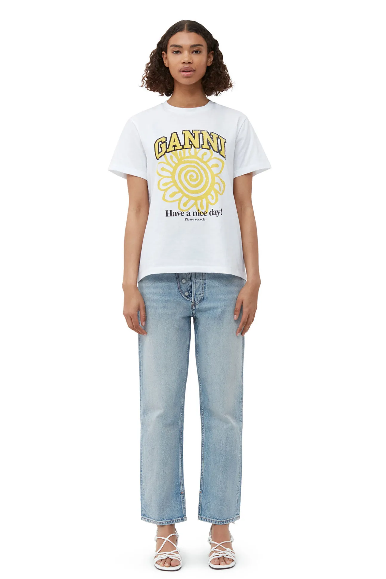 Hot GANNI Lassiges Gelbes Blumen-T-Shirt Bright White