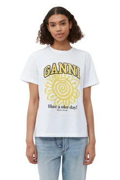 Hot GANNI Lassiges Gelbes Blumen-T-Shirt Bright White