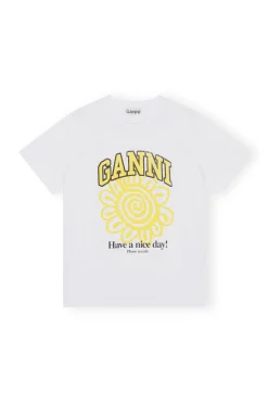 Hot GANNI Lassiges Gelbes Blumen-T-Shirt Bright White
