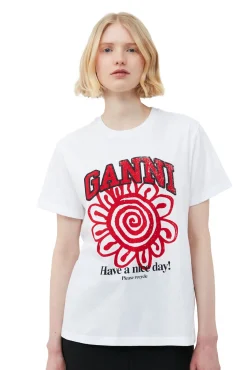 Shop GANNI Lassiges Rotes Blumen-T-Shirt Bright White