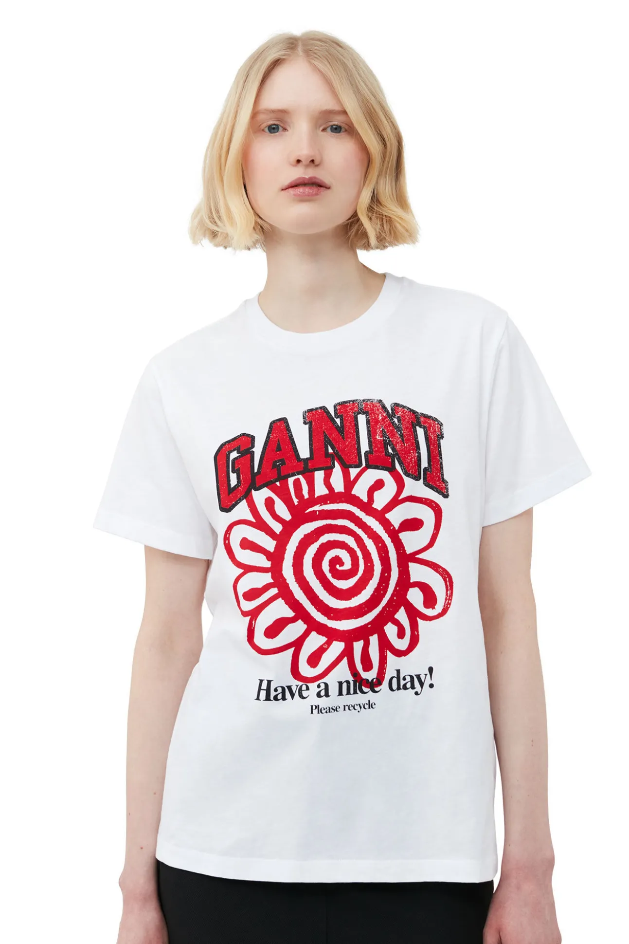 Shop GANNI Lassiges Rotes Blumen-T-Shirt Bright White