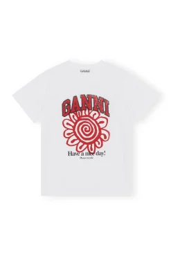 Shop GANNI Lassiges Rotes Blumen-T-Shirt Bright White