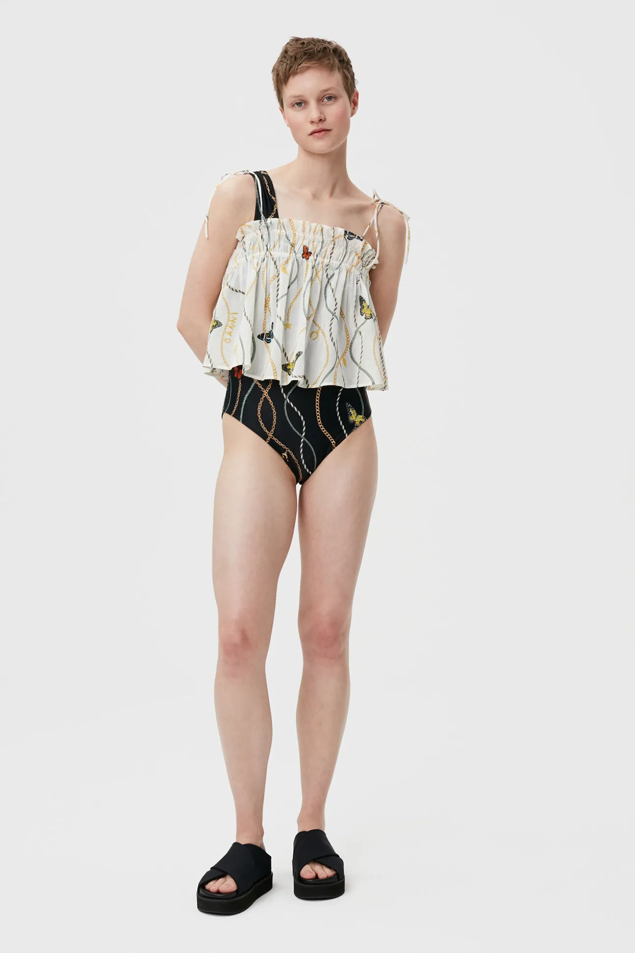 Shop GANNI Light Cotton Tieband Strap Top Egret