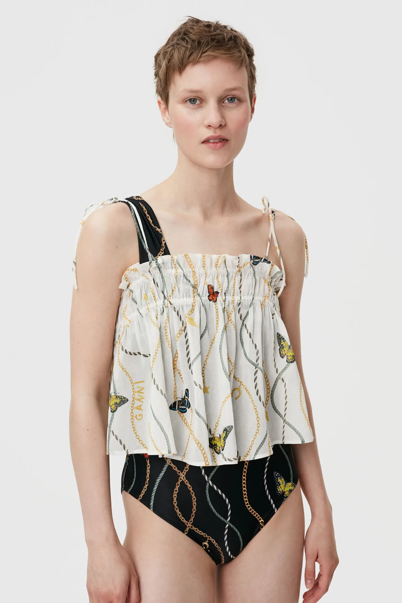 Shop GANNI Light Cotton Tieband Strap Top Egret