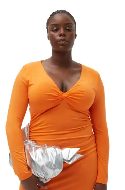 Discount GANNI Light Stretch Jersey Midi Dress Vibrant Orange