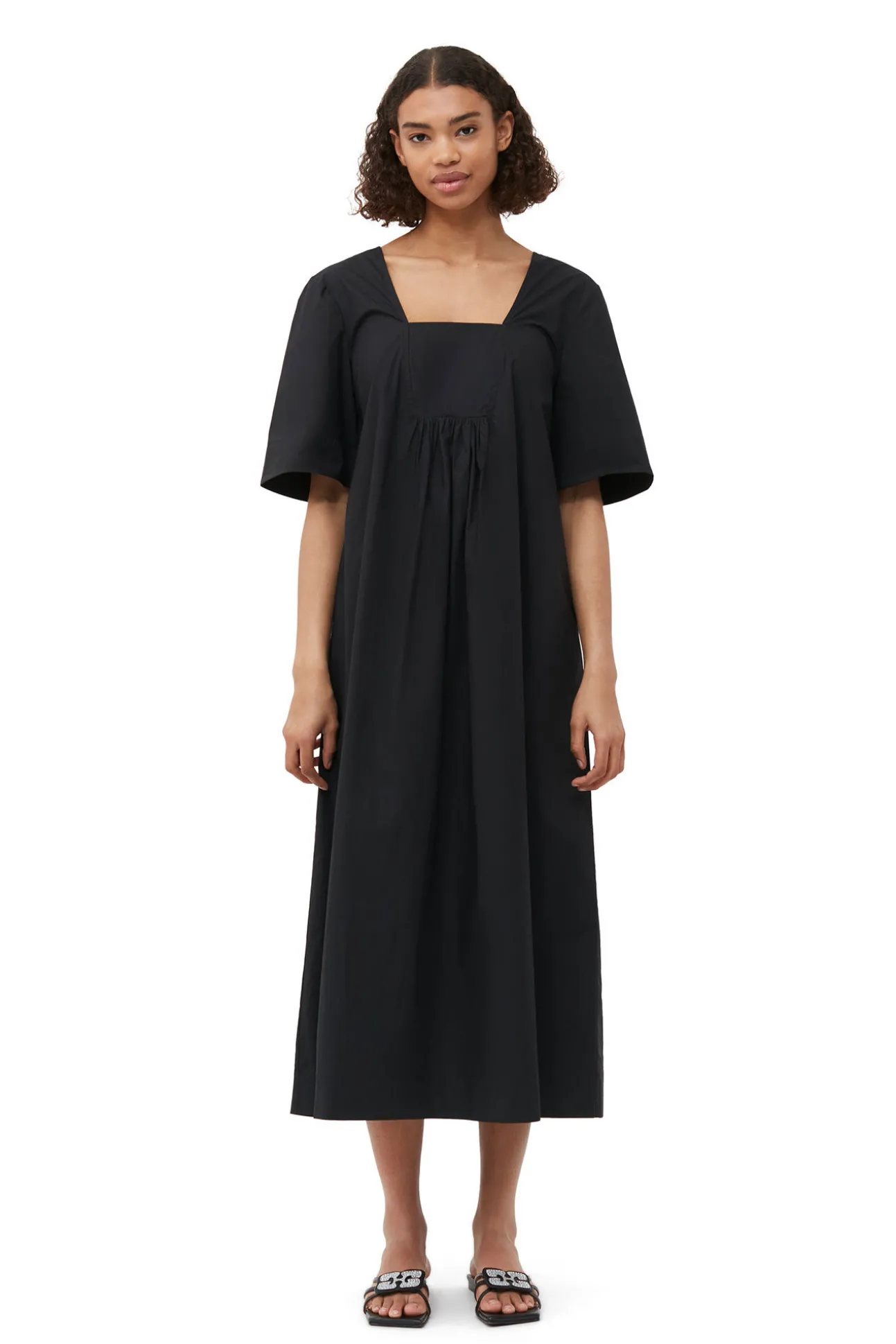 New GANNI Maxikleid Aus Cotton Poplin Mit Offenem Ausschnitt Black