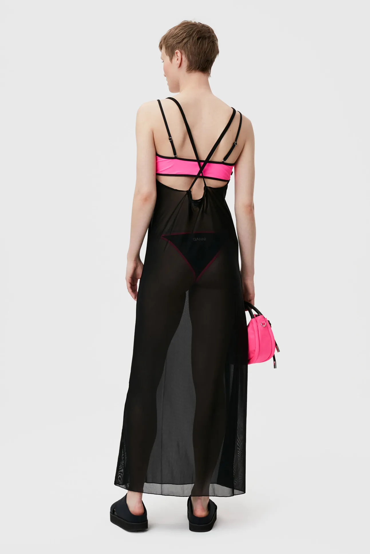 Online GANNI Mesh Cover Up Slip Dress Black